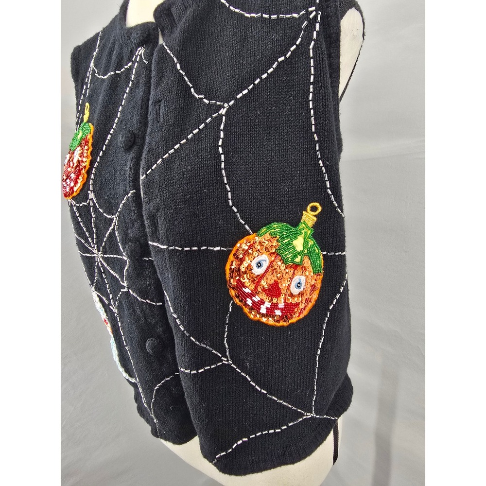 Christopher Radko Bellepointe Halloween Vest Black Beaded Pumpkin Ghost Womens M - Picture 3 of 7